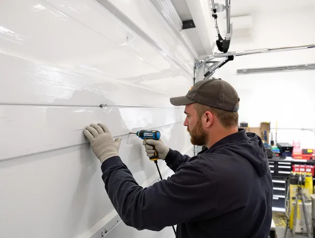 Fountainebleau Garage Door Repair technician demonstrating precision dent removal techniques on a Fountainebleau garage door